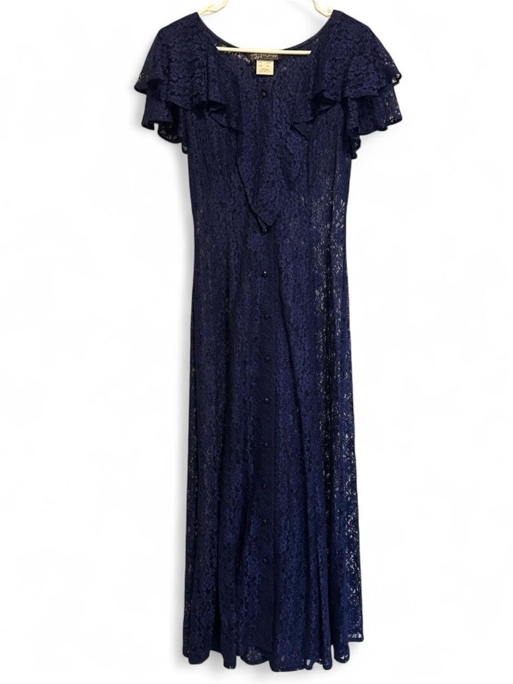 Women’s Vintage All That Jazz Navy Blue Lace Ruffle Button Up Maxi Dress Sz 7/8